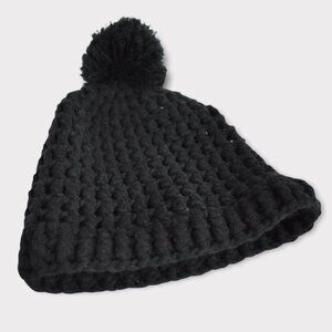 Lucky Brand Beanie OS Womens Black Pom Pom Knit 100% Acrylic Boho Outdoor
